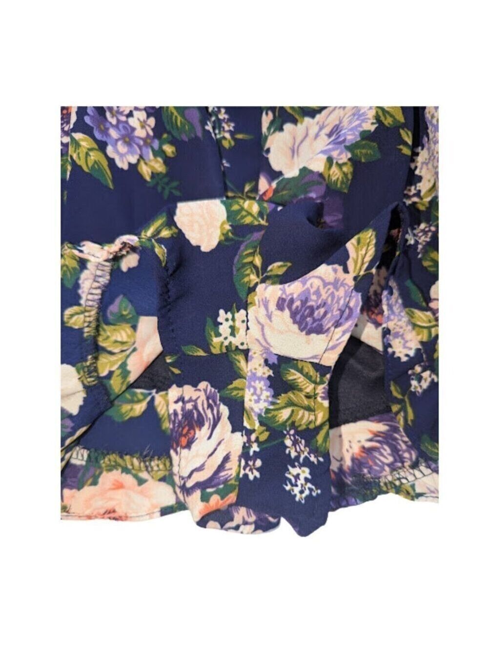 Honey Punch Navy Floral Wrap Romper – Long Sleeve, Ruffle Hem, Boho Romantic - Picture 3 of 8